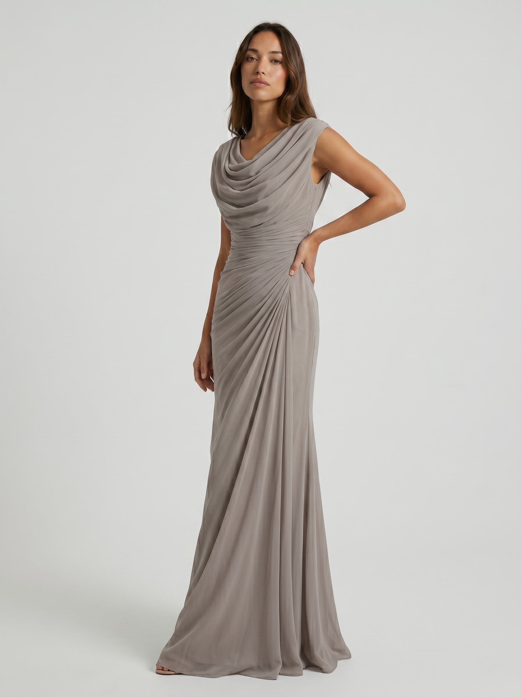 Vestido Largo Escote Drapeado Fluido