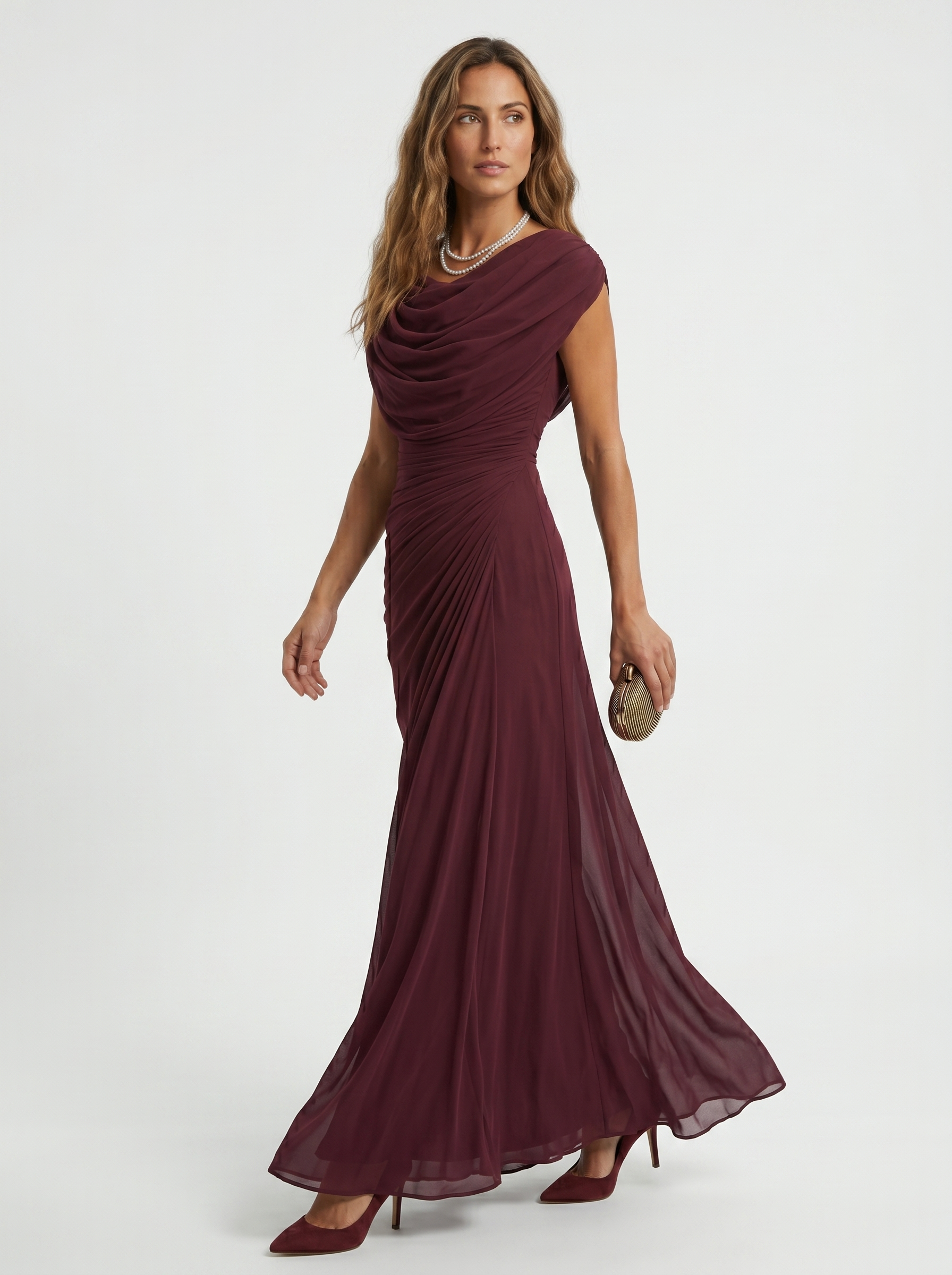 Vestido Largo Escote Drapeado Fluido