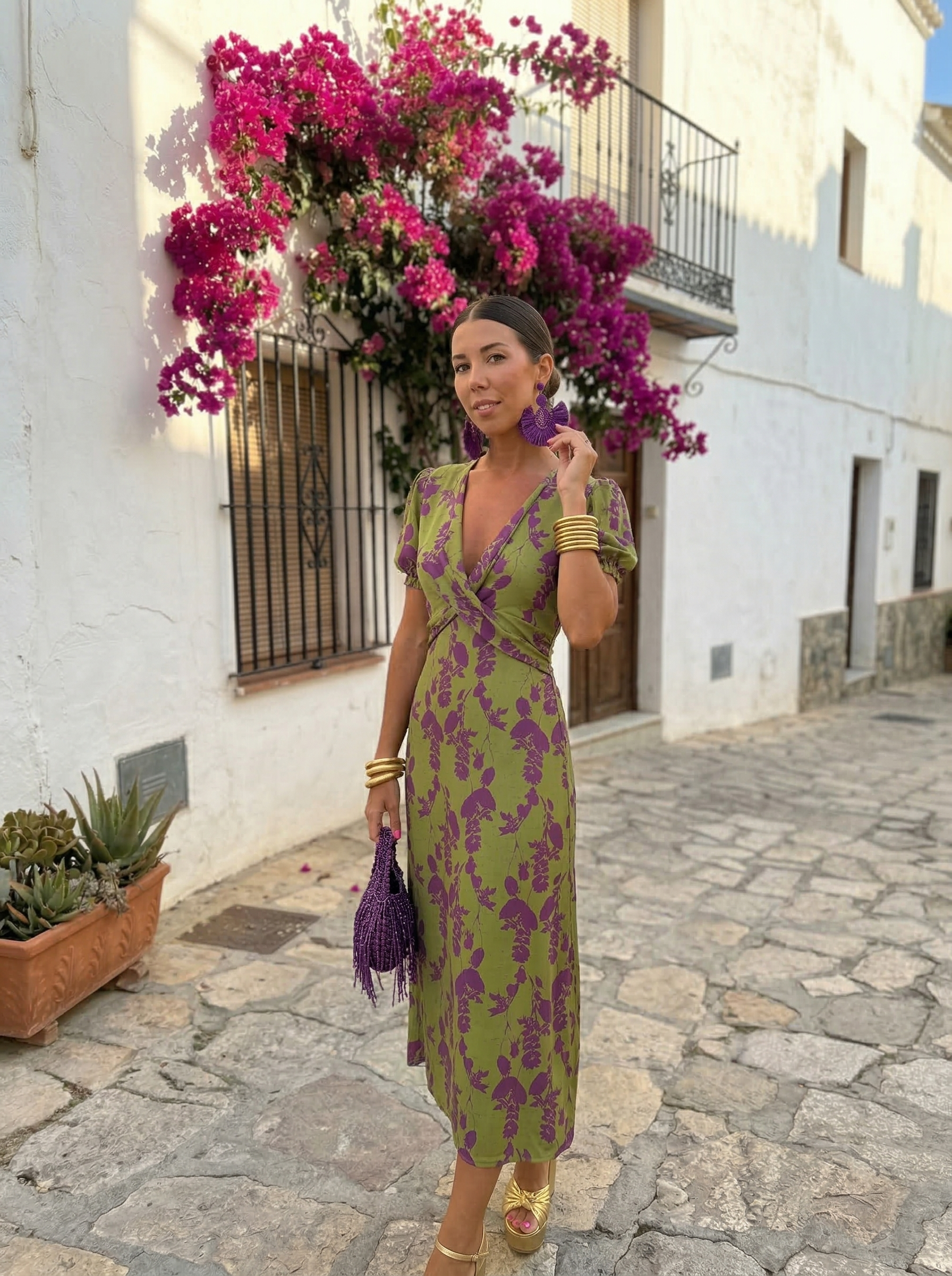 Vestido Cruzado Estampado Flores Violeta Verde