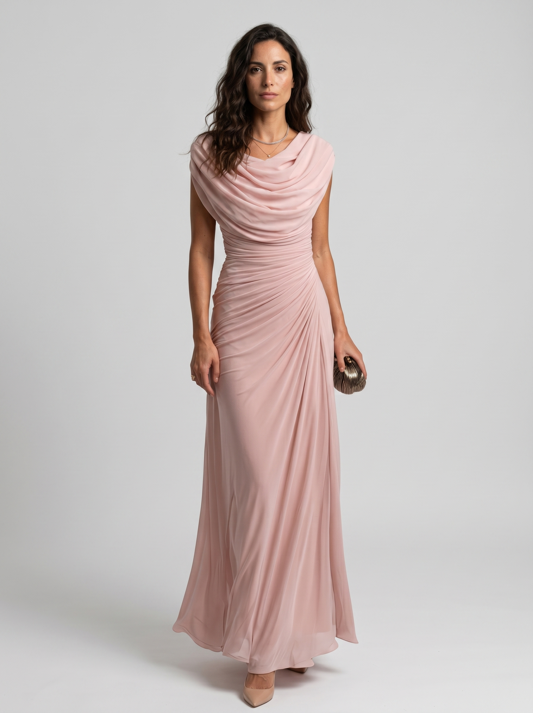 Vestido Largo Escote Drapeado Fluido
