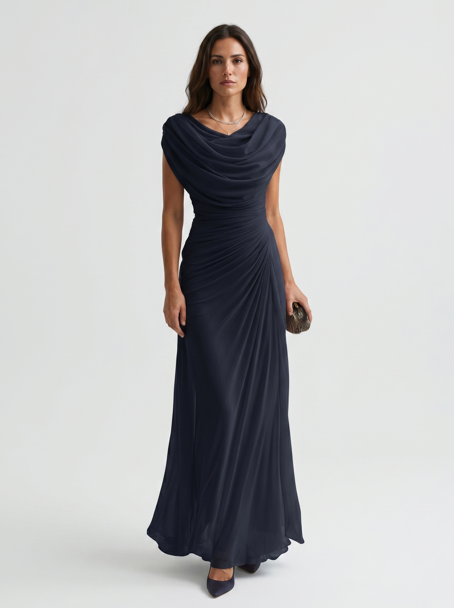 Vestido Largo Escote Drapeado Fluido