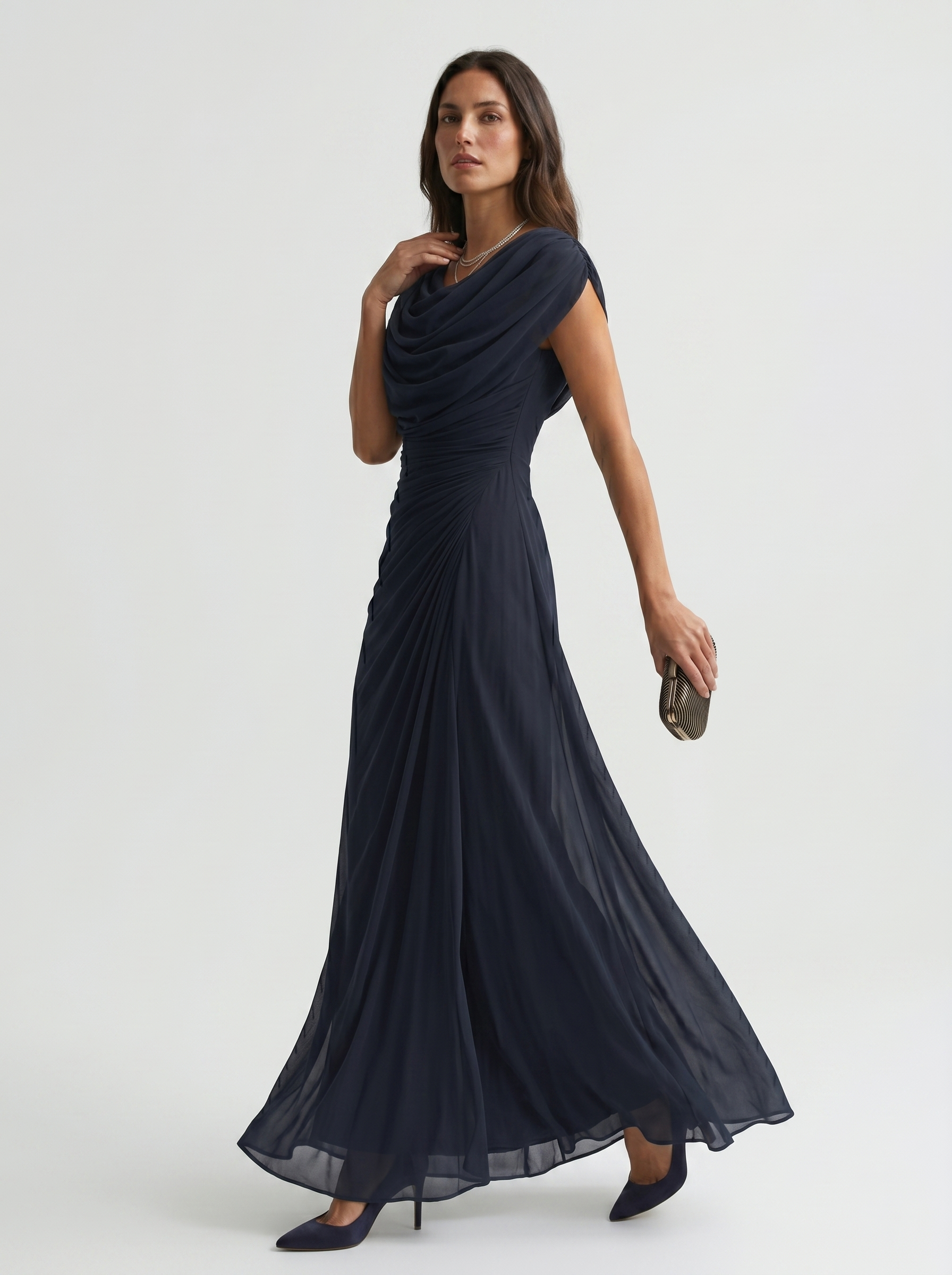 Vestido Largo Escote Drapeado Fluido