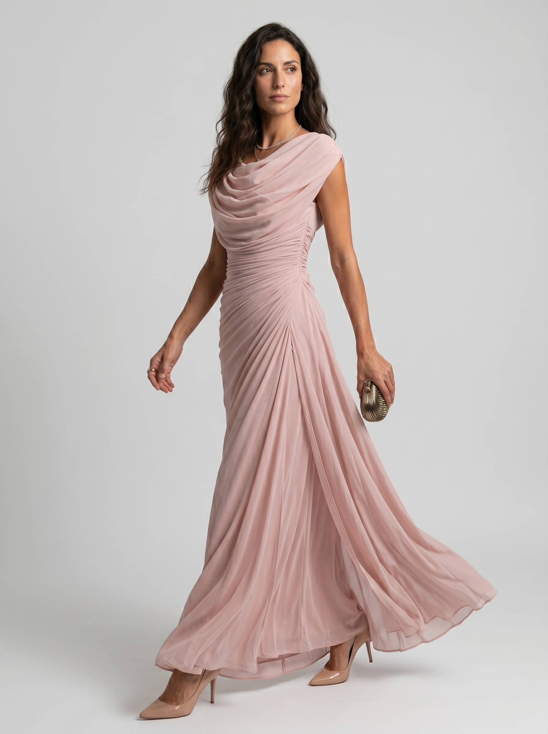 Vestido Largo Escote Drapeado Fluido