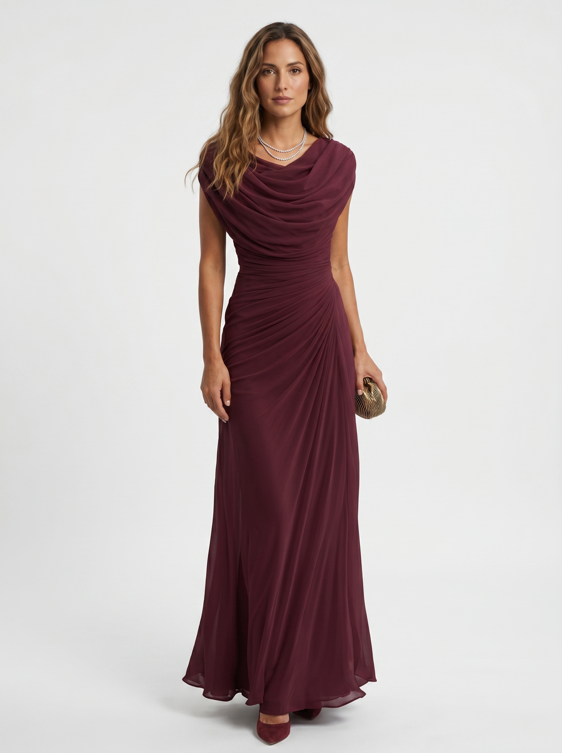 Vestido Largo Escote Drapeado Fluido