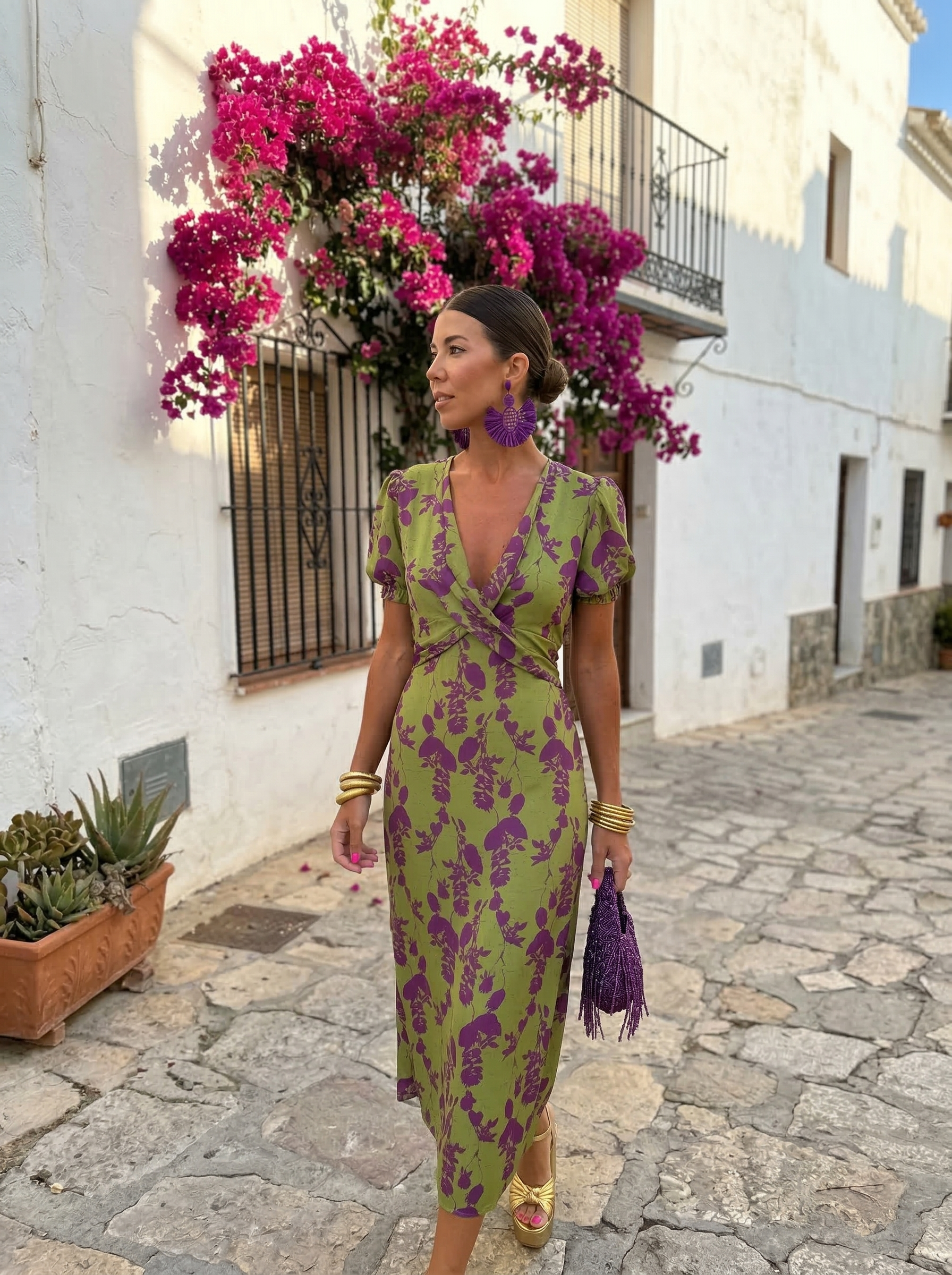 Vestido Cruzado Estampado Flores Violeta Verde