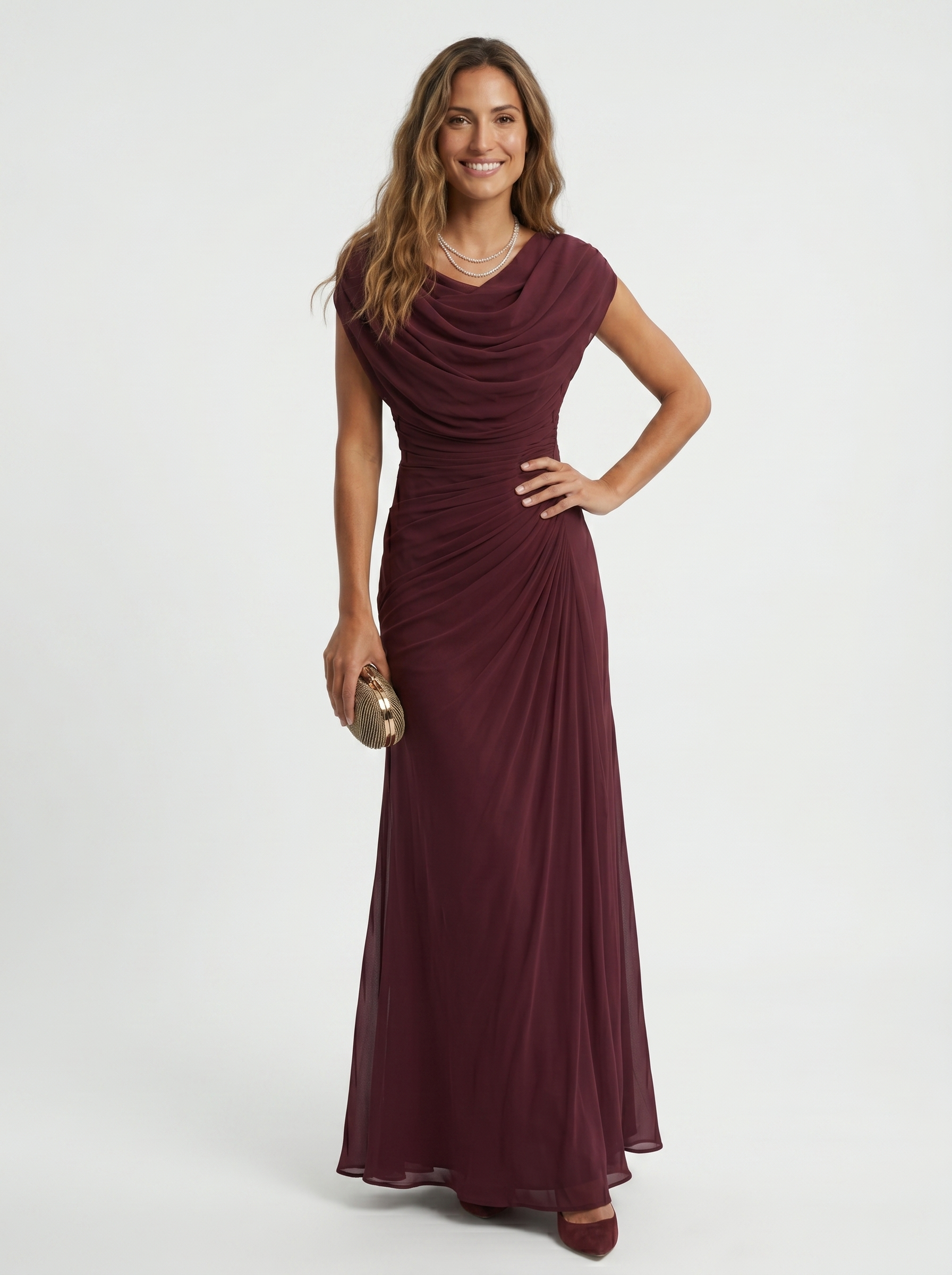 Vestido Largo Escote Drapeado Fluido