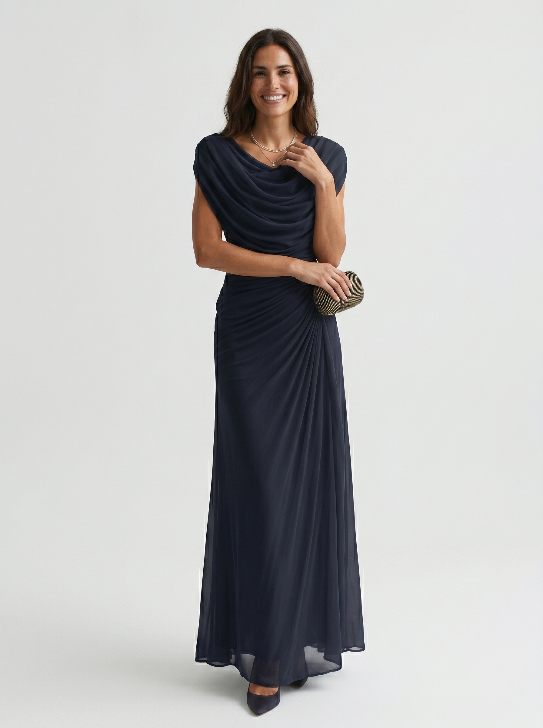 Vestido Largo Escote Drapeado Fluido