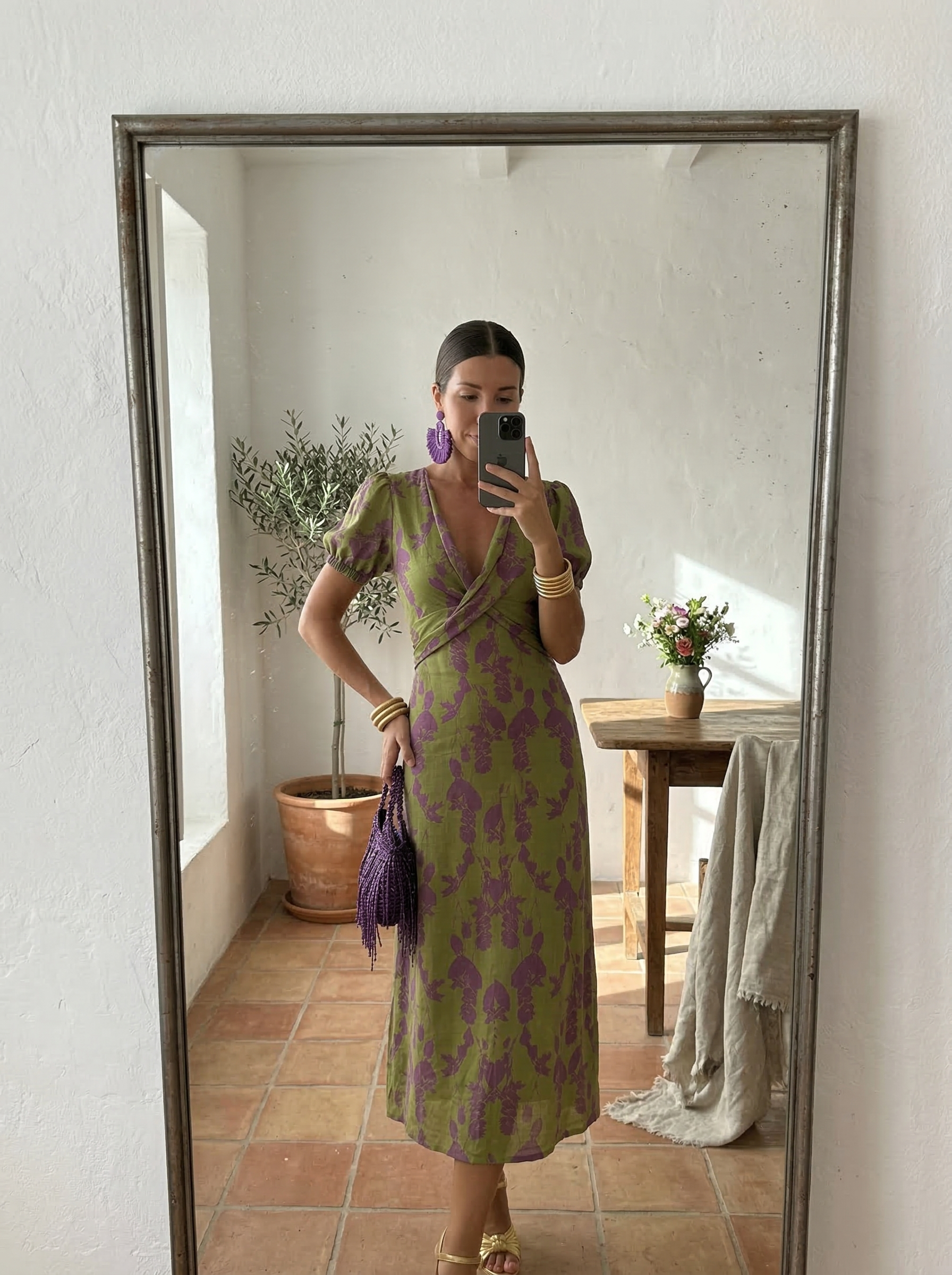 Vestido Cruzado Estampado Flores Violeta Verde
