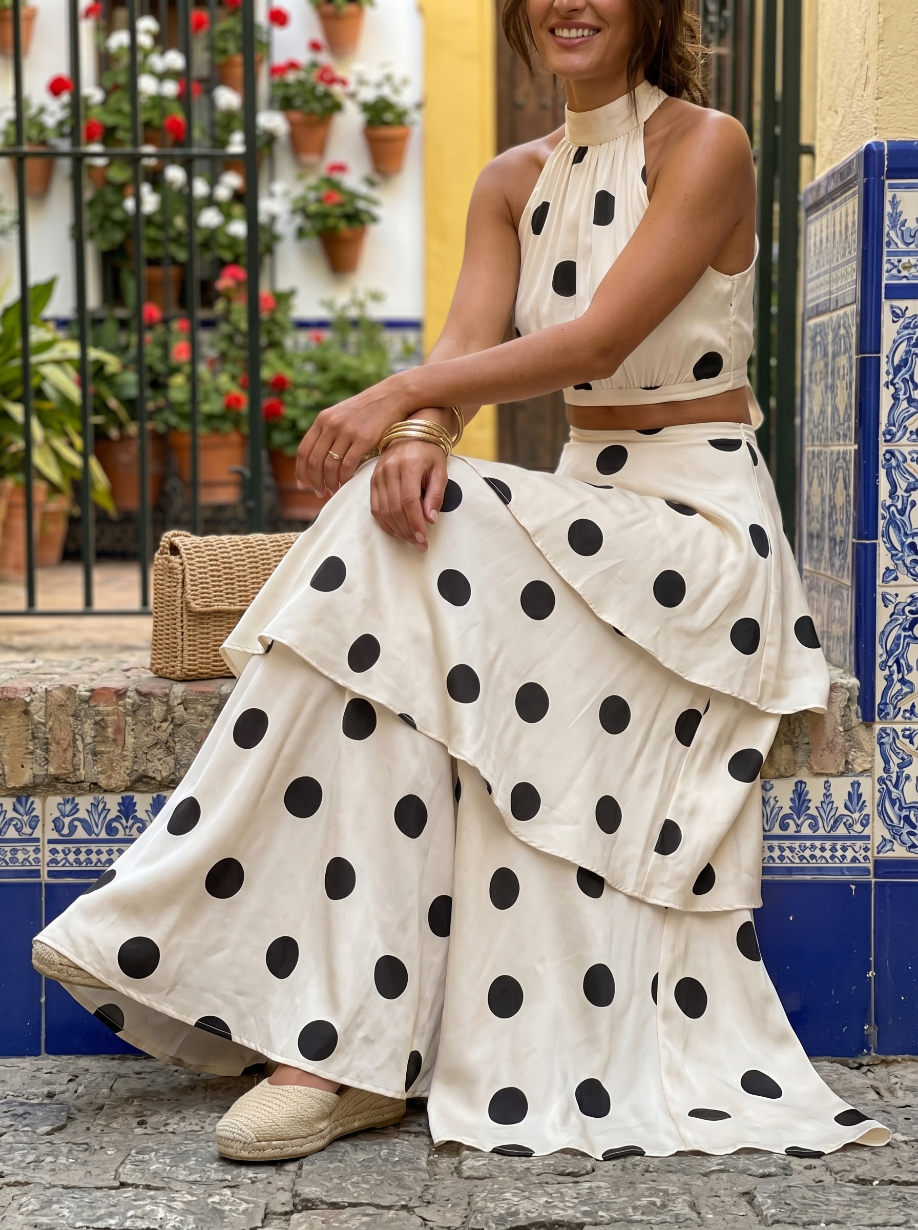 Conjunto Riviera top y falda larga de lunares