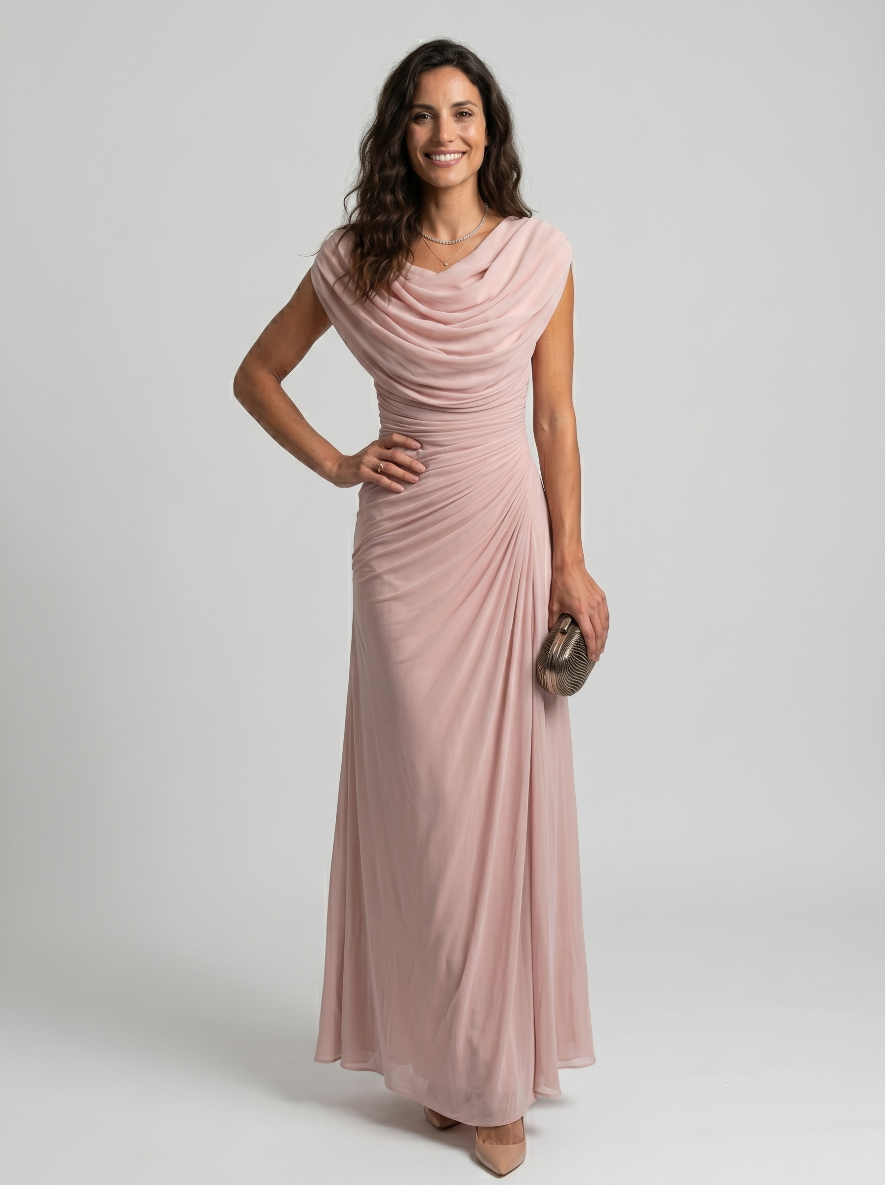 Vestido Largo Escote Drapeado Fluido