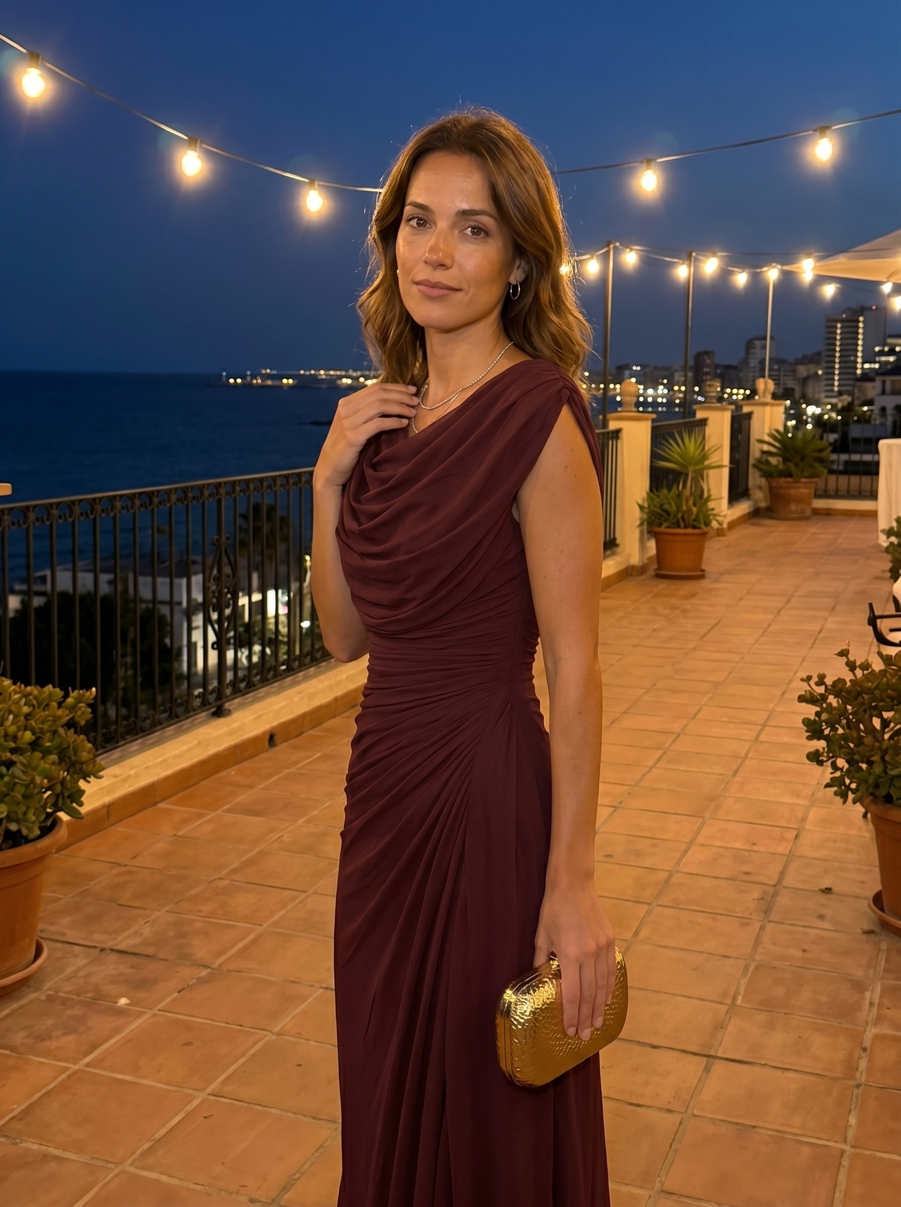 Vestido Largo Escote Drapeado Fluido