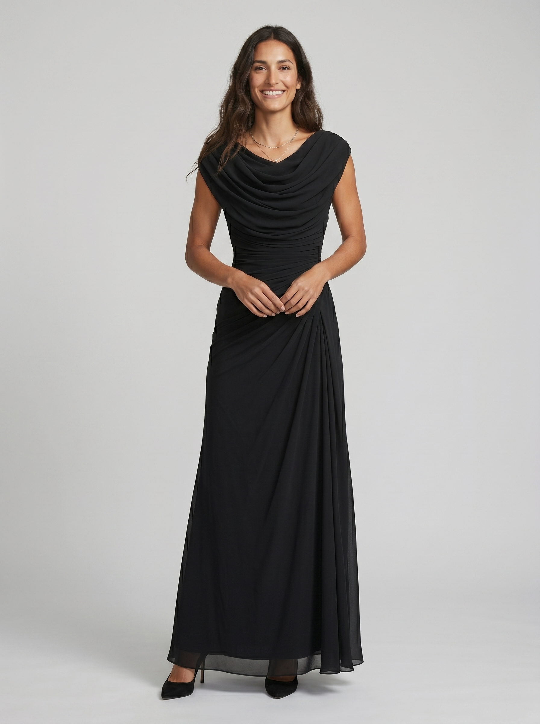 Vestido Largo Escote Drapeado Fluido