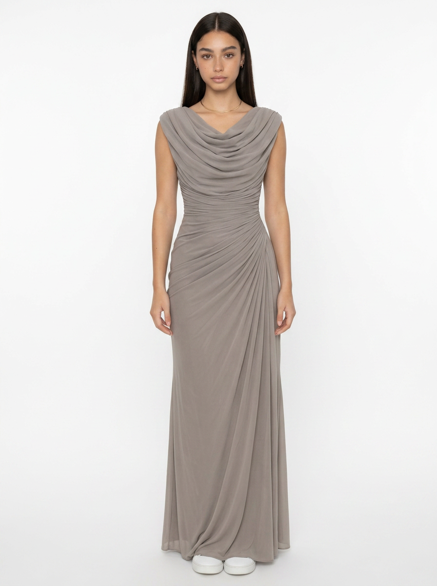 Vestido Largo Escote Drapeado Fluido