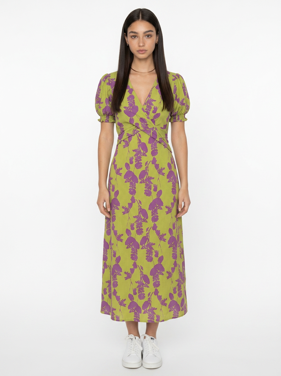 Vestido Cruzado Estampado Flores Violeta Verde