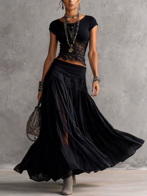 Conjunto elegante con encaje y falda plisada